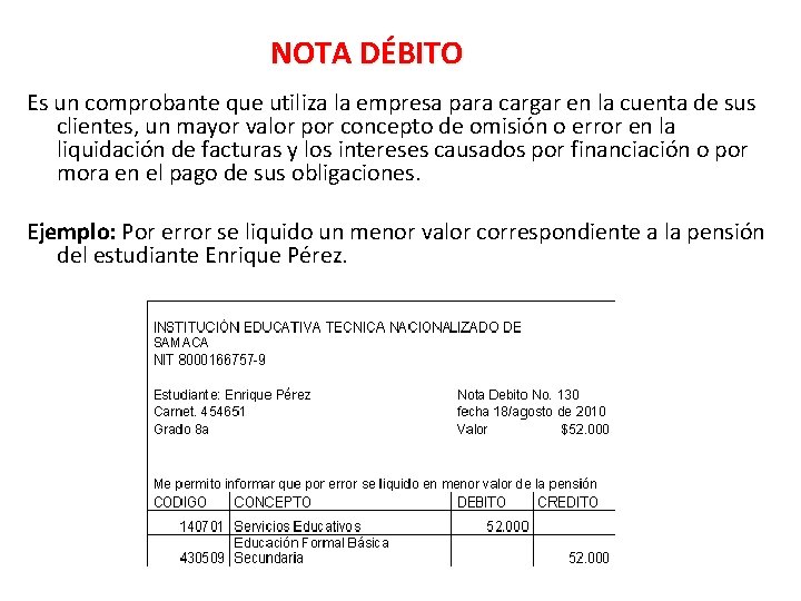 NOTA DÉBITO Es un comprobante que utiliza la empresa para cargar en la cuenta