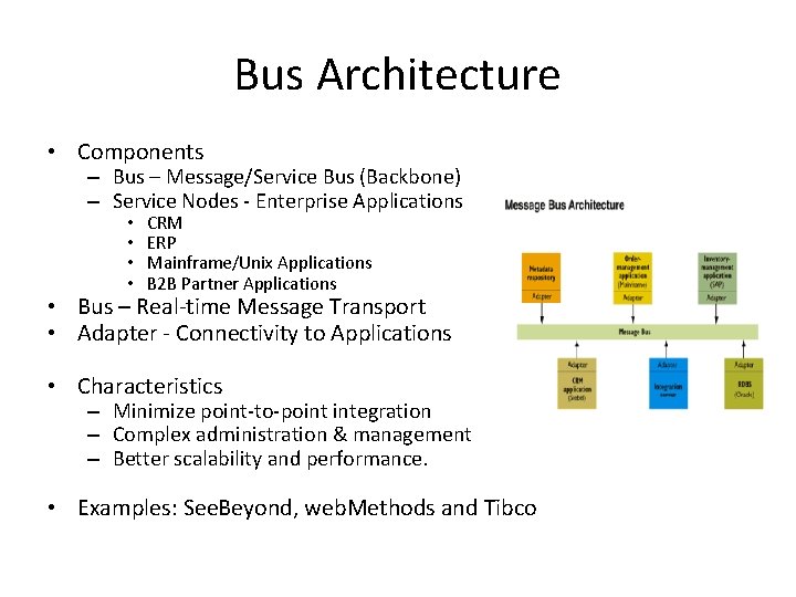 Bus Architecture • Components – Bus – Message/Service Bus (Backbone) – Service Nodes -