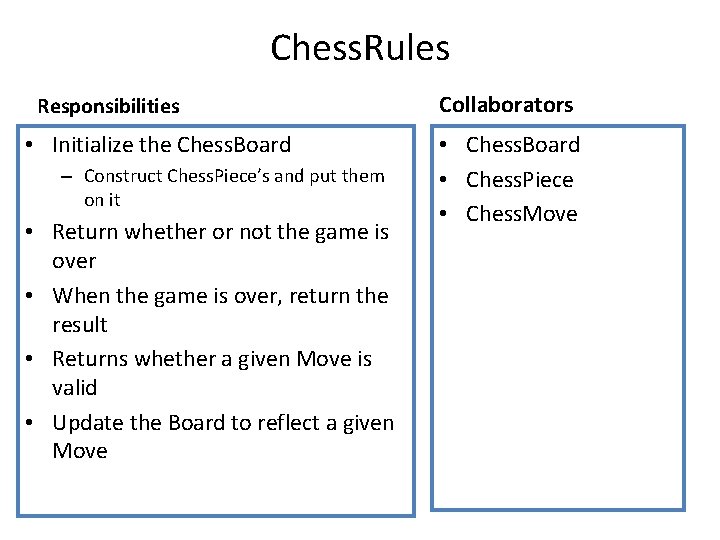 Chess. Rules Responsibilities • Initialize the Chess. Board – Construct Chess. Piece’s and put