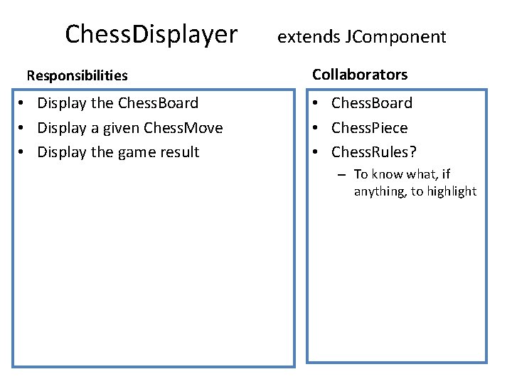 Chess. Displayer Responsibilities • Display the Chess. Board • Display a given Chess. Move