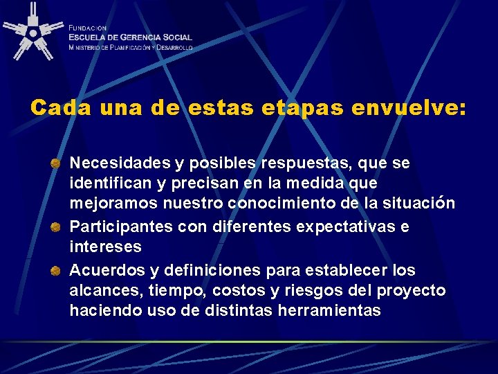 Cada una de estas etapas envuelve: Necesidades y posibles respuestas, que se identifican y