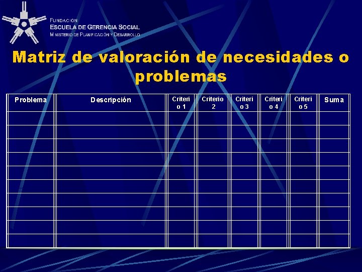 Matriz de valoración de necesidades o problemas Problema Descripción Criteri o 1 Criterio 2