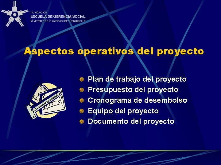 Aspectos operativos del proyecto Plan de trabajo del proyecto Presupuesto del proyecto Cronograma de