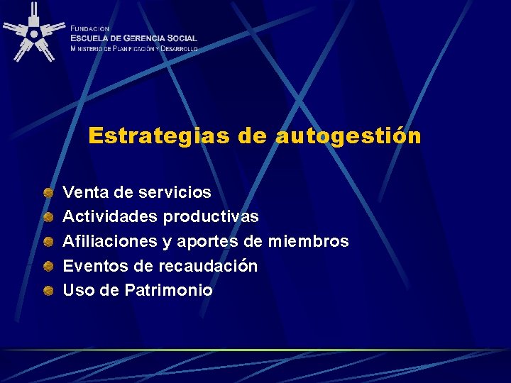 Estrategias de autogestión Venta de servicios Actividades productivas Afiliaciones y aportes de miembros Eventos