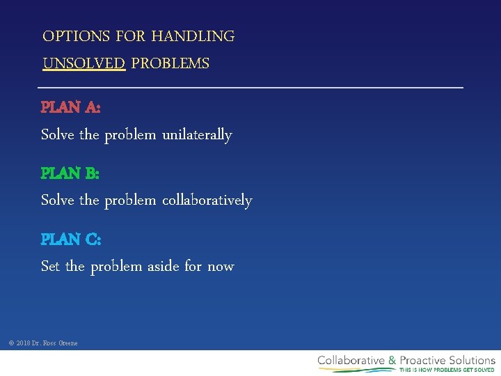 OPTIONS FOR HANDLING UNSOLVED PROBLEMS PLAN A: Solve the problem unilaterally PLAN B: Solve