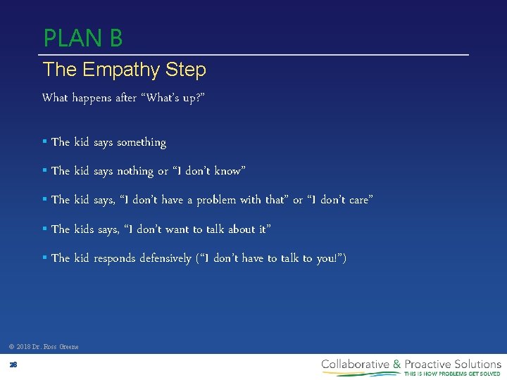 PLAN B The Empathy Step What happens after “What’s up? ” § The kid