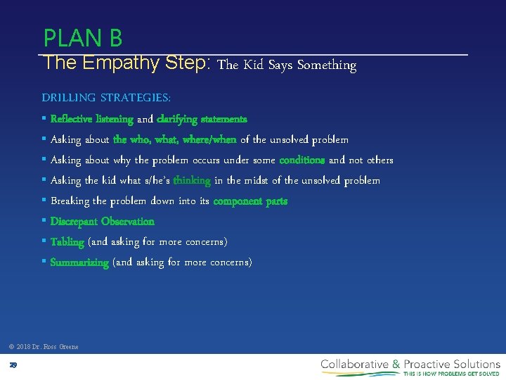 PLAN B The Empathy Step: The Kid Says Something DRILLING STRATEGIES: § Reflective listening
