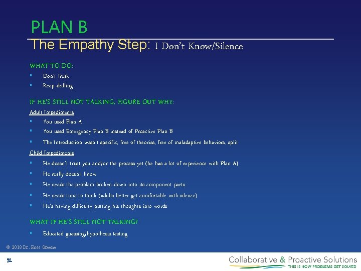 PLAN B The Empathy Step: I Don’t Know/Silence WHAT TO DO: § § Don’t