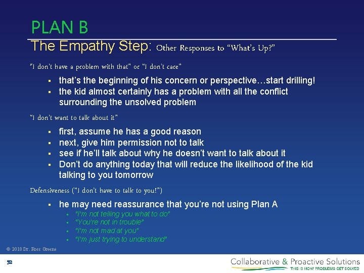 PLAN B The Empathy Step: Other Responses to “What’s Up? ” "I don’t have