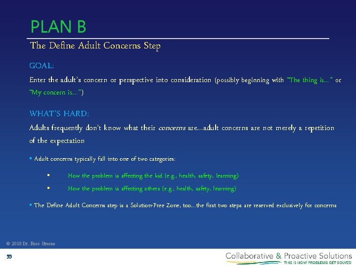 PLAN B The Define Adult Concerns Step GOAL: Enter the adult’s concern or perspective
