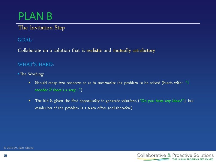 PLAN B The Invitation Step GOAL: Collaborate on a solution that is realistic and