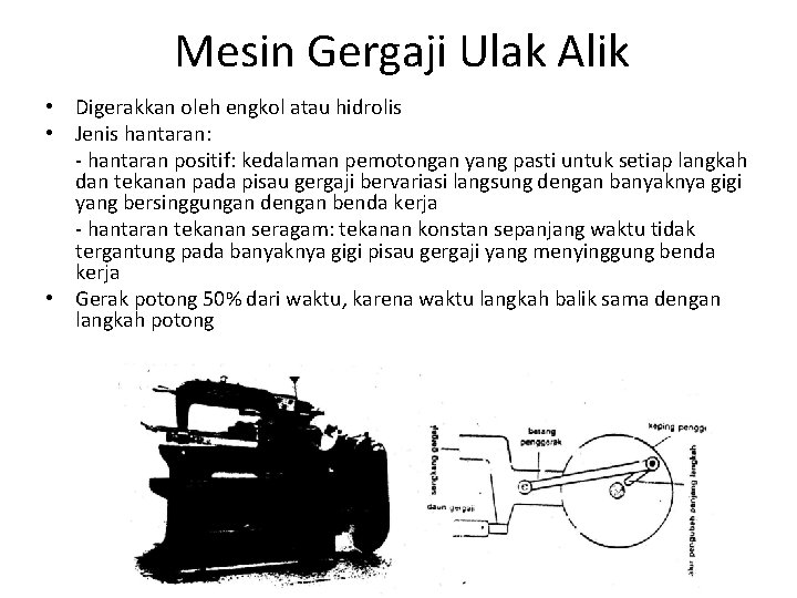 Mesin Gergaji Ulak Alik • Digerakkan oleh engkol atau hidrolis • Jenis hantaran: -