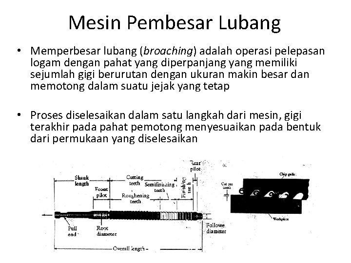 Mesin Pembesar Lubang • Memperbesar lubang (broaching) adalah operasi pelepasan logam dengan pahat yang