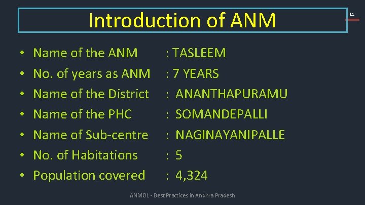 Introduction of ANM • • Name of the ANM No. of years as ANM