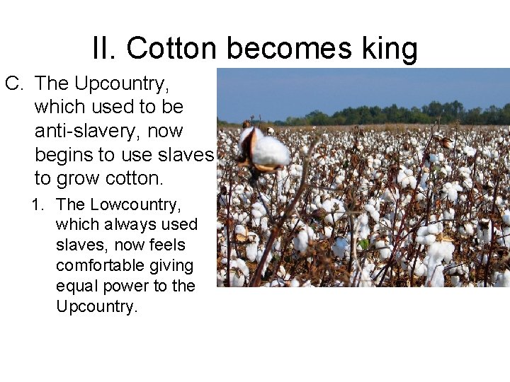 II. Cotton becomes king C. The Upcountry, which used to be anti-slavery, now begins