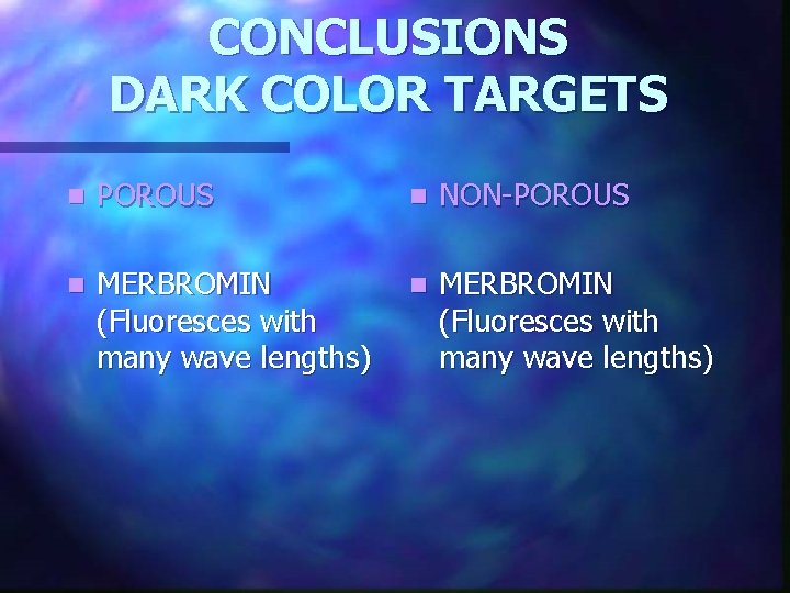 CONCLUSIONS DARK COLOR TARGETS n POROUS n NON-POROUS n MERBROMIN (Fluoresces with many wave