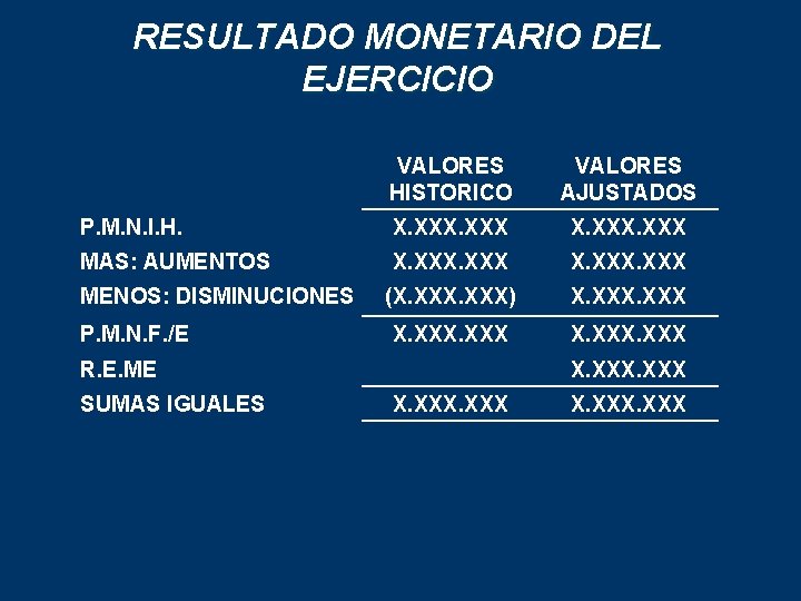 RESULTADO MONETARIO DEL EJERCICIO VALORES HISTORICO VALORES AJUSTADOS P. M. N. I. H. X.