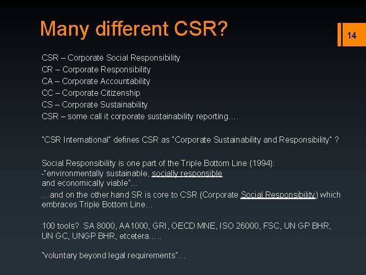 Many different CSR? CSR – Corporate Social Responsibility CR – Corporate Responsibility CA –
