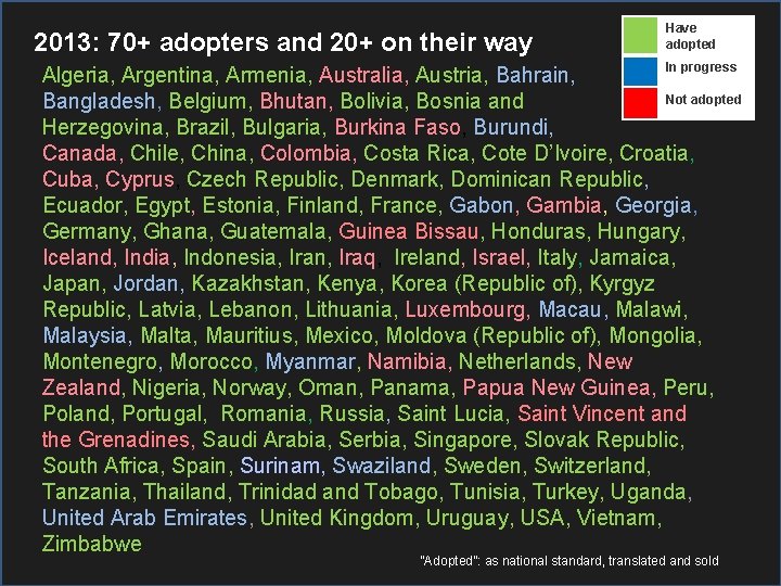 2013: 70+ adopters and 20+ on their way Have adopted In progress Algeria, Argentina,