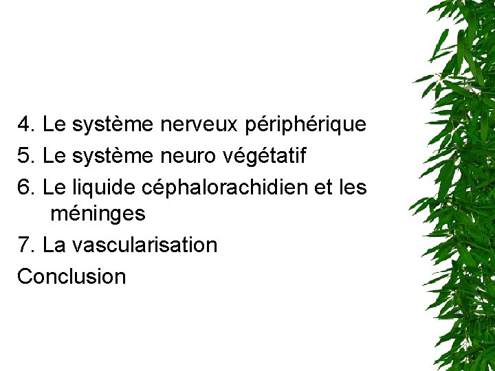 4. Le système nerveux périphérique 5. Le système neuro végétatif 6. Le liquide céphalorachidien
