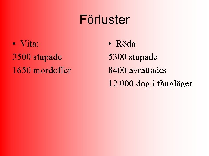 Förluster • Vita: 3500 stupade 1650 mordoffer • Röda 5300 stupade 8400 avrättades 12