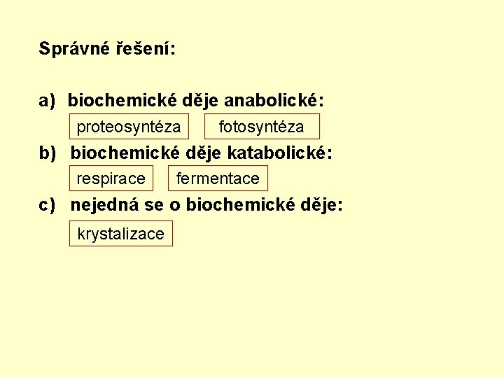 Správné řešení: a) biochemické děje anabolické: proteosyntéza fotosyntéza b) biochemické děje katabolické: respirace fermentace