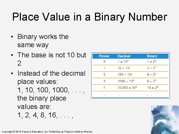 Place Value in a Binary Number • Binary works the same way • The