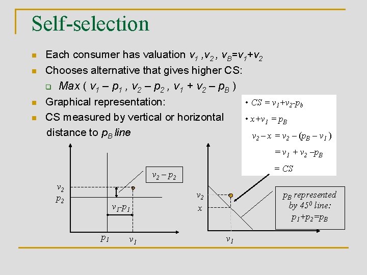 Self-selection n n Each consumer has valuation v 1 , v 2 , v.