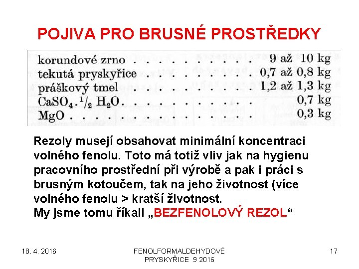 POJIVA PRO BRUSNÉ PROSTŘEDKY Rezoly musejí obsahovat minimální koncentraci volného fenolu. Toto má totiž