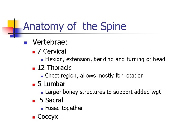 Anatomy of the Spine n Vertebrae: n 7 Cervical n n 12 Thoracic n