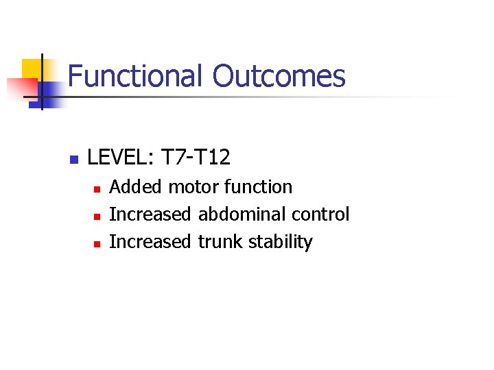 Functional Outcomes n LEVEL: T 7 -T 12 n n n Added motor function