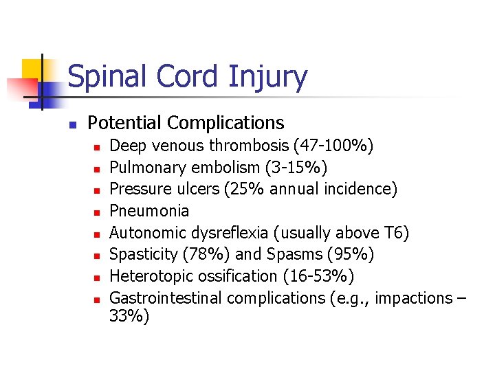 Spinal Cord Injury n Potential Complications n n n n Deep venous thrombosis (47