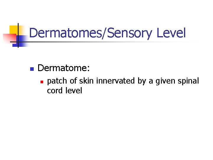 Dermatomes/Sensory Level n Dermatome: n patch of skin innervated by a given spinal cord