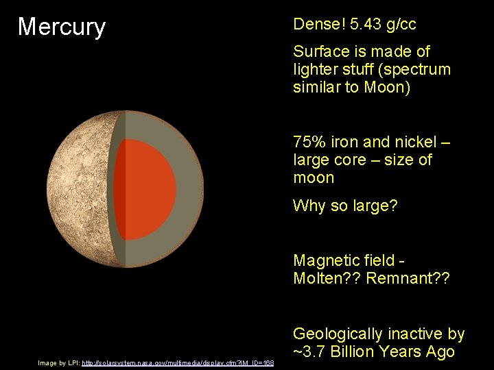 Mercury Dense! 5. 43 g/cc Surface is made of lighter stuff (spectrum similar to