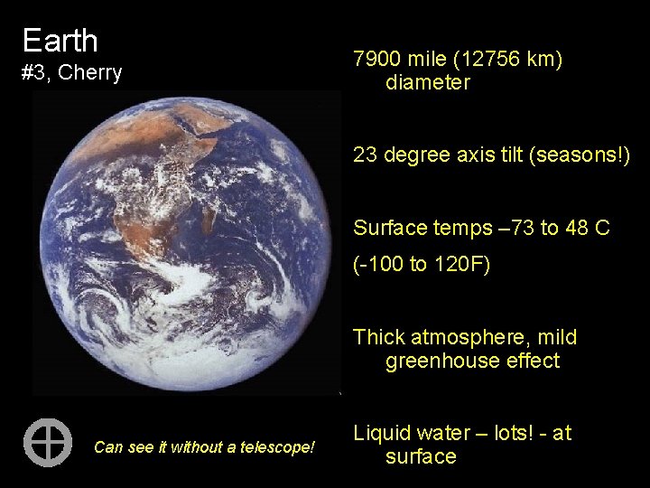 Earth #3, Cherry 7900 mile (12756 km) diameter 23 degree axis tilt (seasons!) Surface