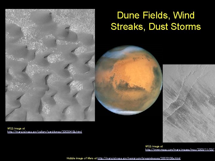 Dune Fields, Wind Streaks, Dust Storms MGS image at http: //mars. jpl. nasa. gov/gallery/sanddunes/20020418