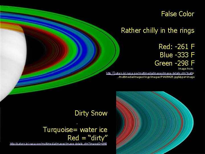 False Color Rather chilly in the rings Red: -261 F Blue -333 F Green
