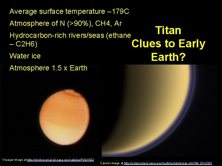 Average surface temperature – 179 C Atmosphere of N (>90%), CH 4, Ar Titan
