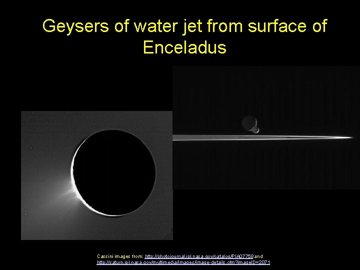 Geysers of water jet from surface of Enceladus Cassini images from: http: //photojournal. jpl.