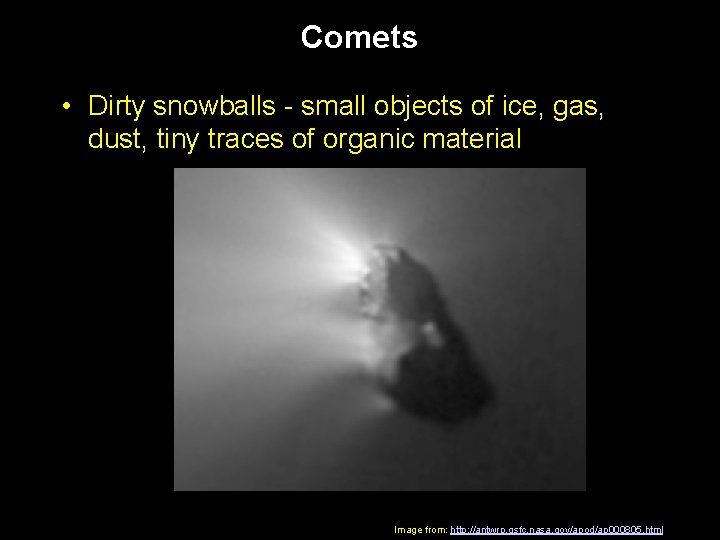 Comets • Dirty snowballs - small objects of ice, gas, dust, tiny traces of