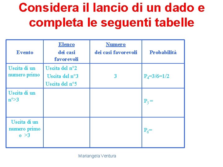 Considera il lancio di un dado e completa le seguenti tabelle Evento Elenco dei