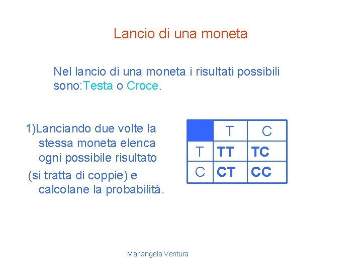 Lancio di una moneta Nel lancio di una moneta i risultati possibili sono: Testa