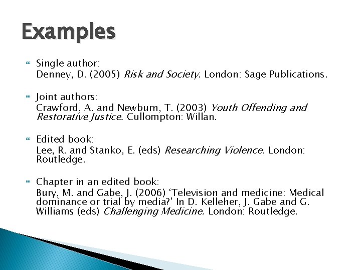Examples Single author: Denney, D. (2005) Risk and Society. London: Sage Publications. Joint authors: