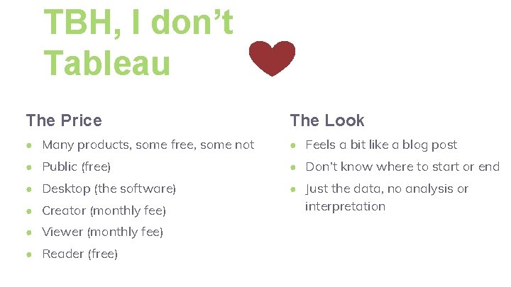 TBH, I don’t Tableau The Price The Look ● Many products, some free, some