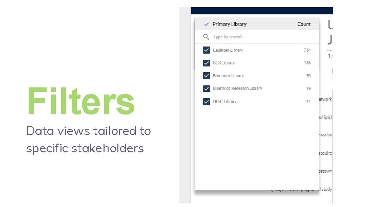 Filters Data views tailored to specific stakeholders 