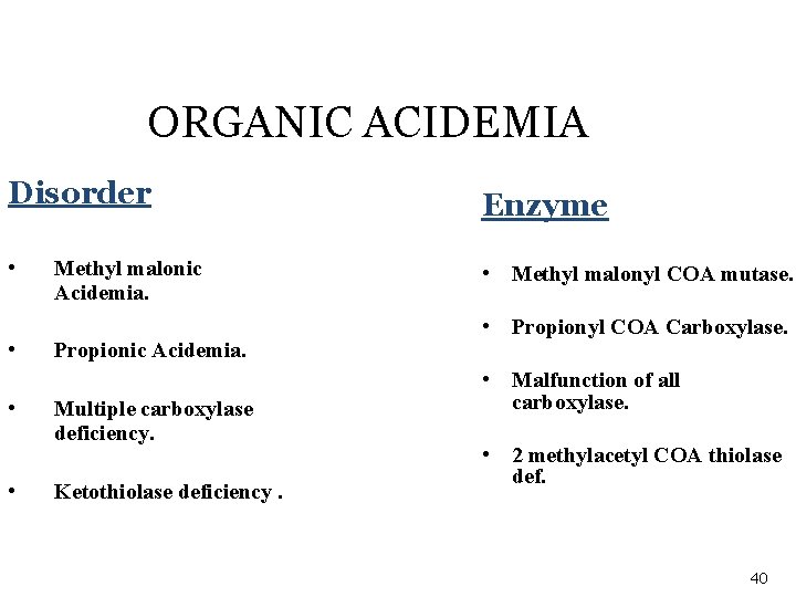 ORGANIC ACIDEMIA Disorder • • Methyl malonic Acidemia. Propionic Acidemia. Multiple carboxylase deficiency. Ketothiolase