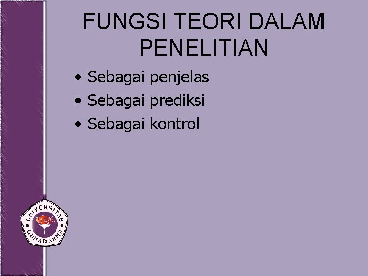 FUNGSI TEORI DALAM PENELITIAN • Sebagai penjelas • Sebagai prediksi • Sebagai kontrol 