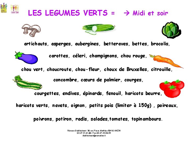 LES LEGUMES VERTS = Midi et soir artichauts, asperges, aubergines, betteraves, bettes, brocolis, carottes,