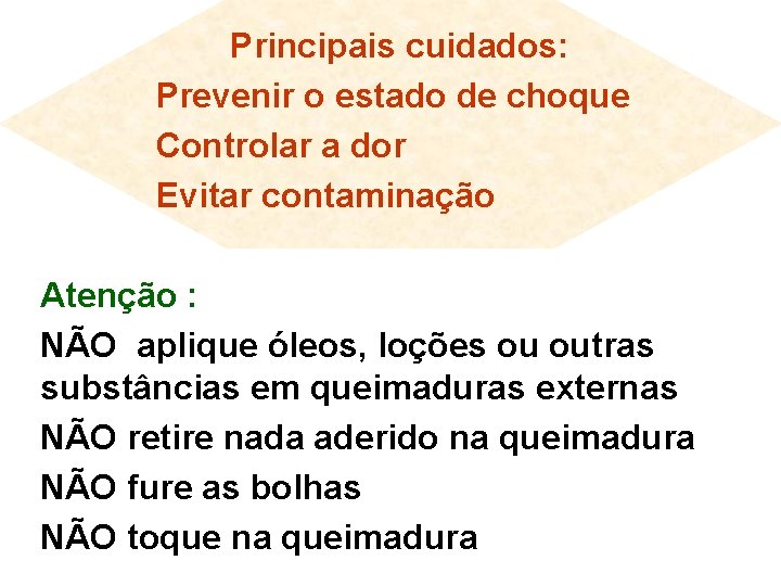 Principais cuidados: Prevenir o estado de choque Controlar a dor Evitar contaminação Atenção :