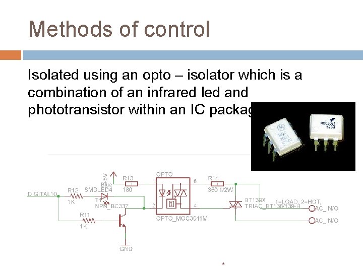 Methods of control Isolated using an opto – isolator which is a combination of